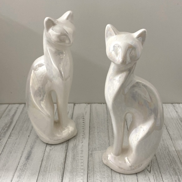 Set of 2 12” White Porcelain Cat Sculptures - Picture 1 of 4